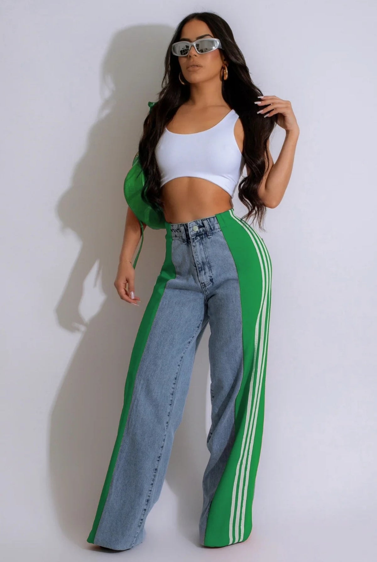 'Onyx' Green three-stripe patchwork denim