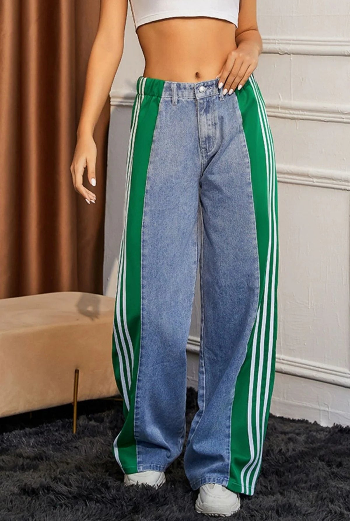 'Onyx' Green three-stripe patchwork denim