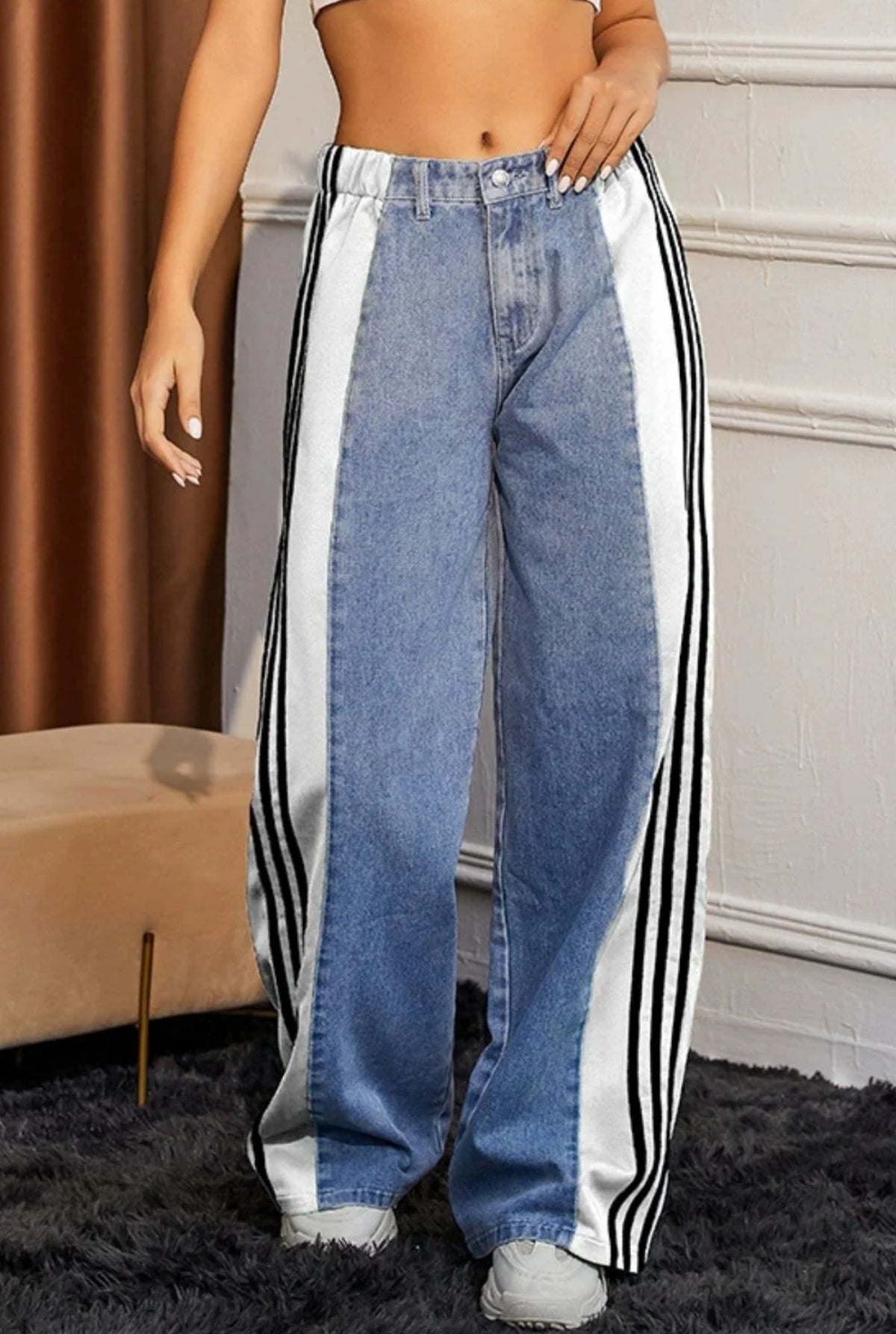 'Onyx' White three-stripe patchwork denim