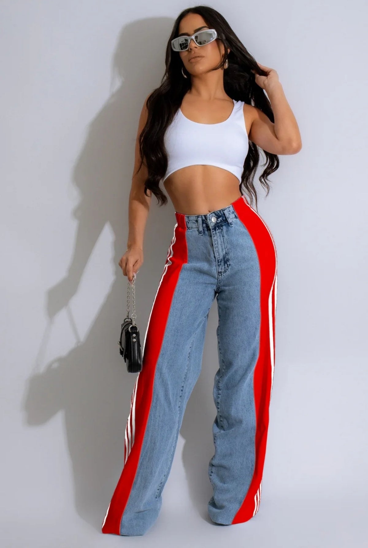 'Onyx' Red three-stripe patchwork denim