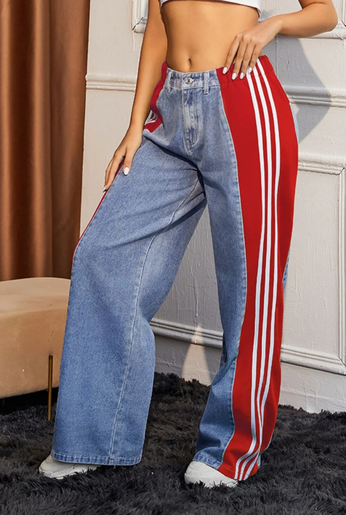 'Onyx' Red three-stripe patchwork denim