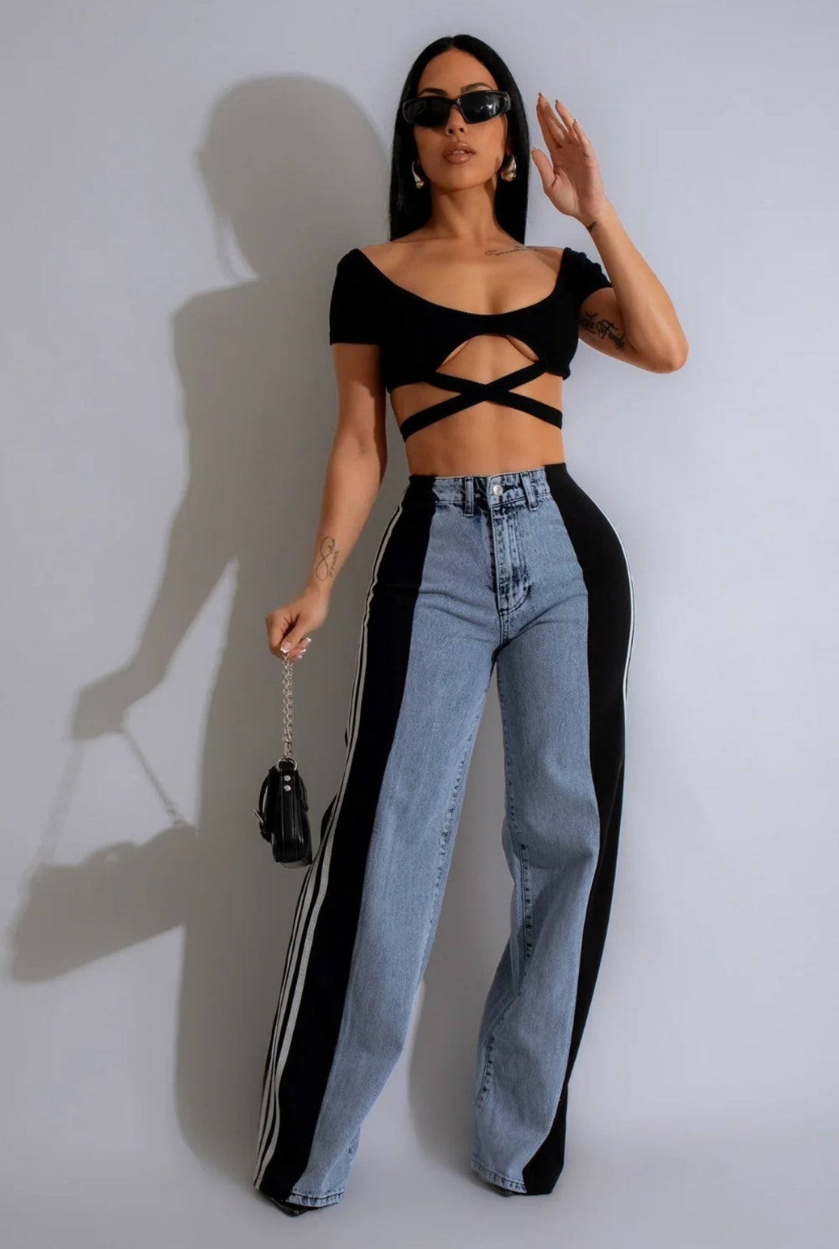 'Onyx' Black three-stripe patchwork denim