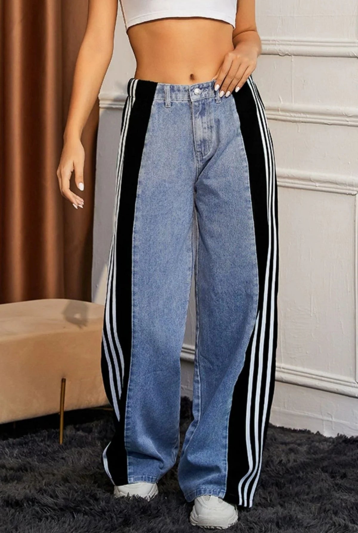'Onyx' Black three-stripe patchwork denim