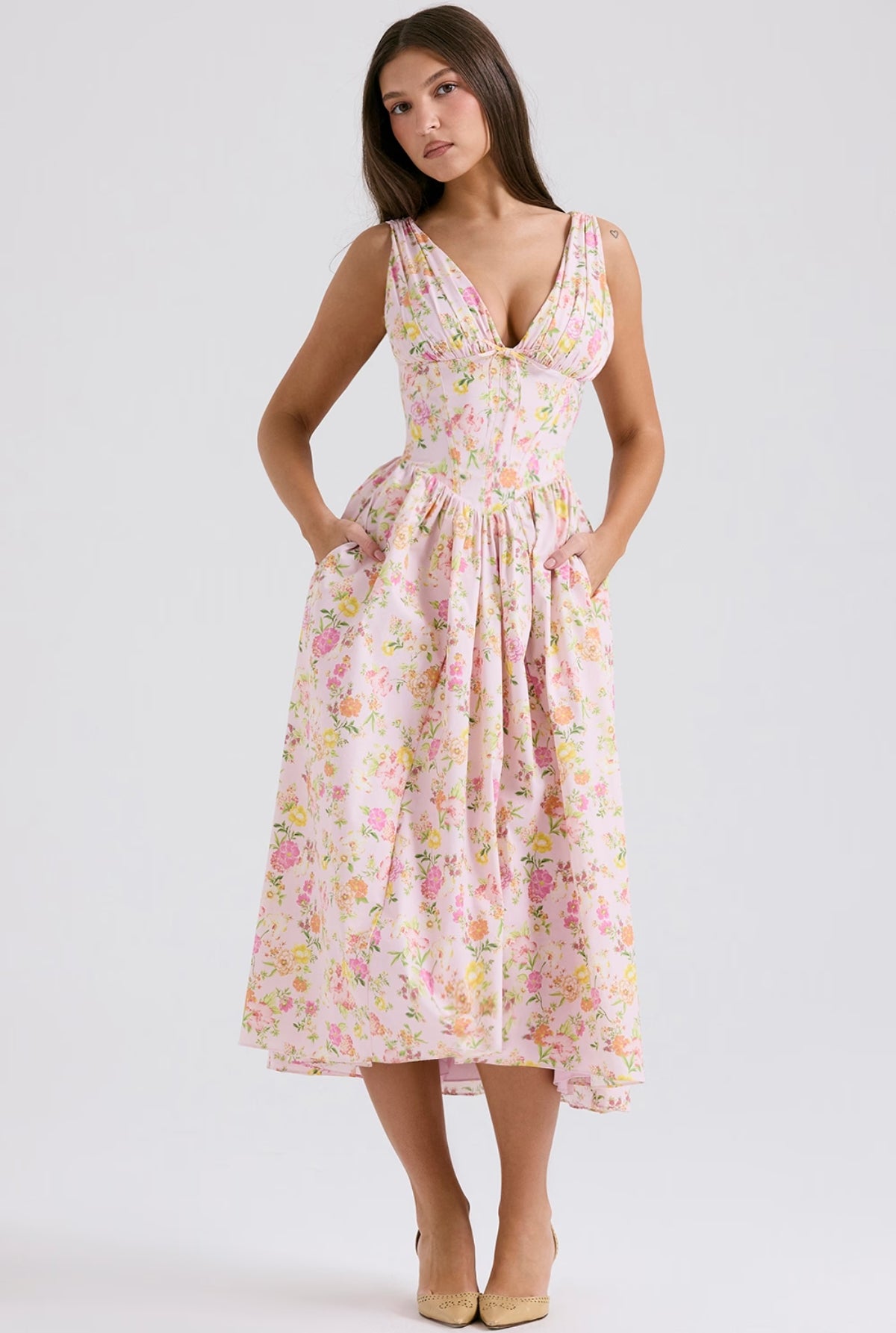Emilia Pink Meadow Print Midi Dress