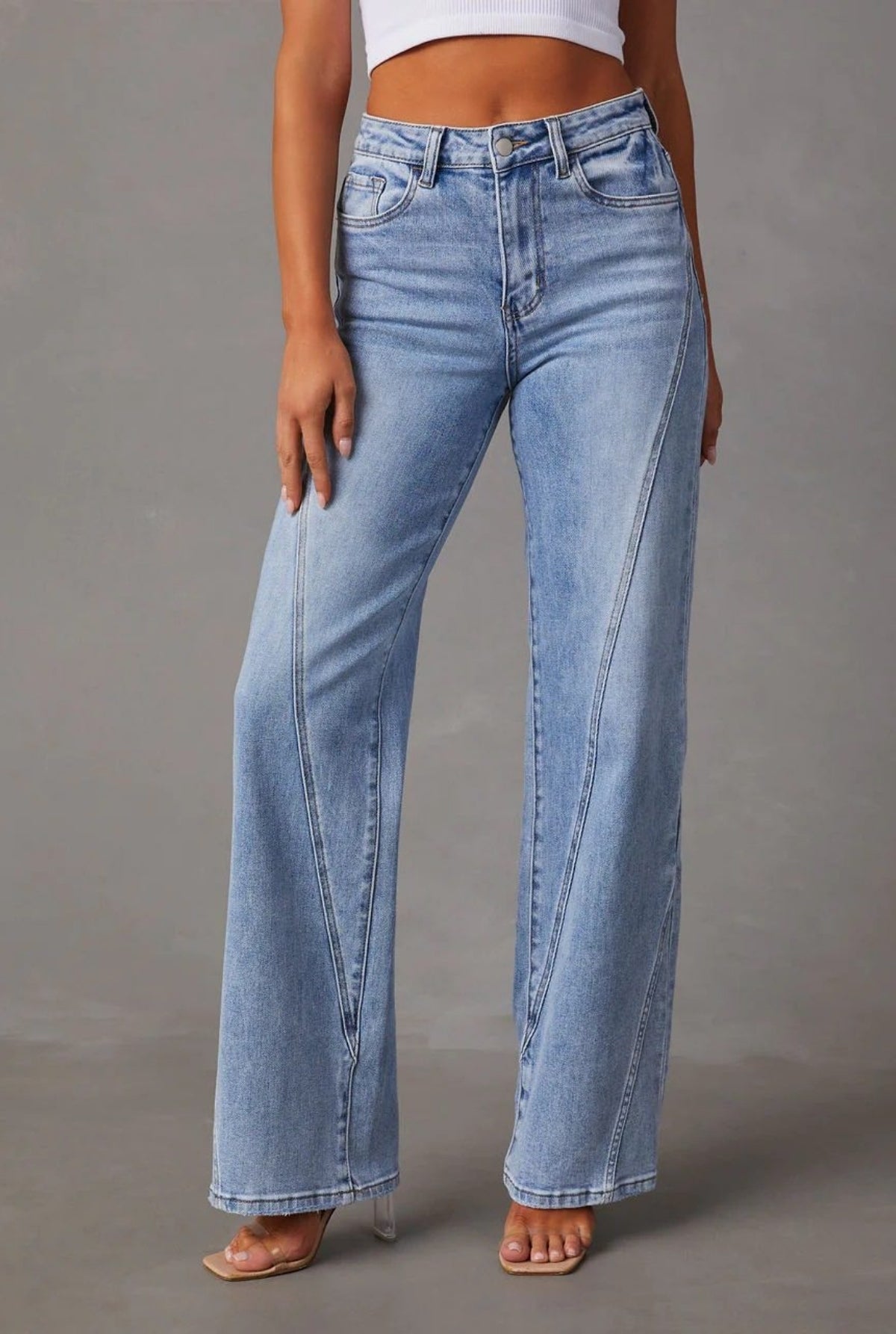 'Kaia' High Waist Loose Stitching Wide Leg Jeans