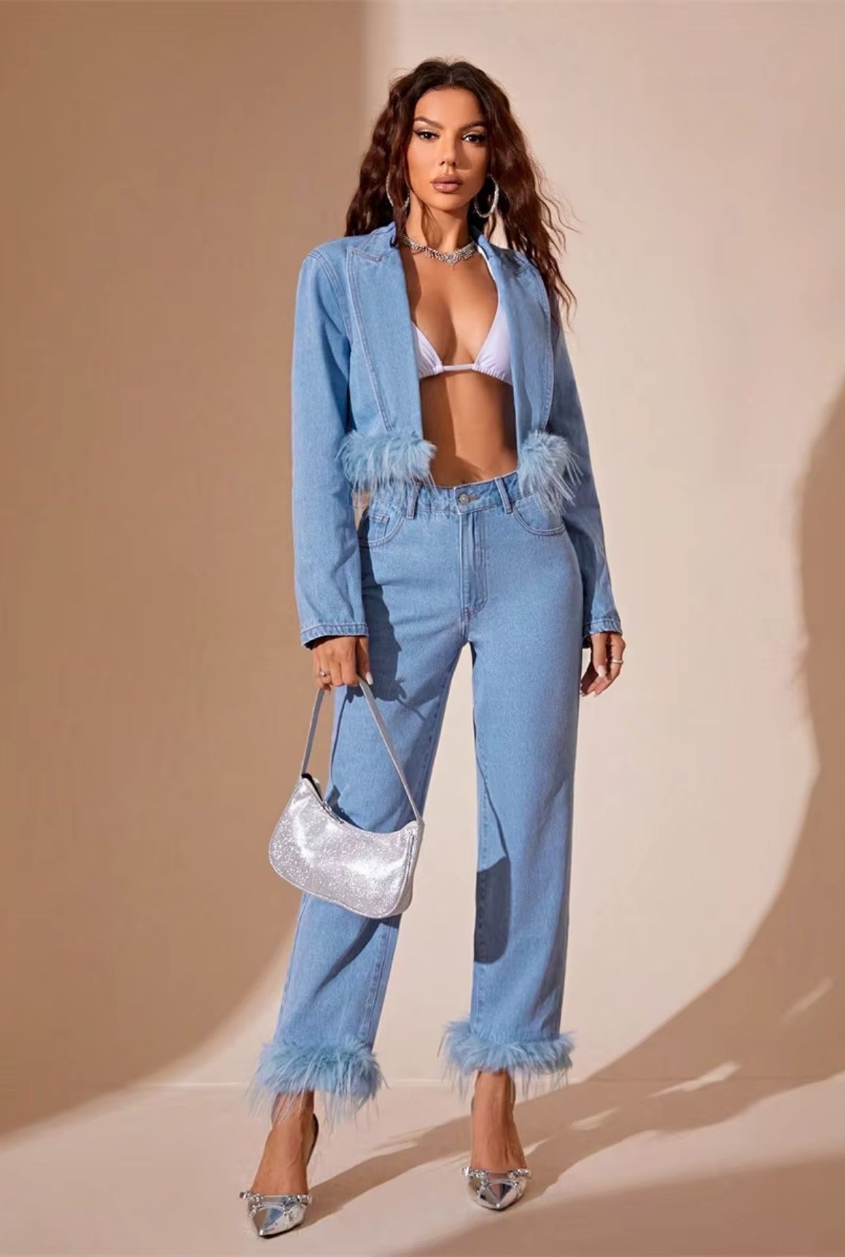 'Isla' High Waist Plush Splicing Straight Leg Jeans