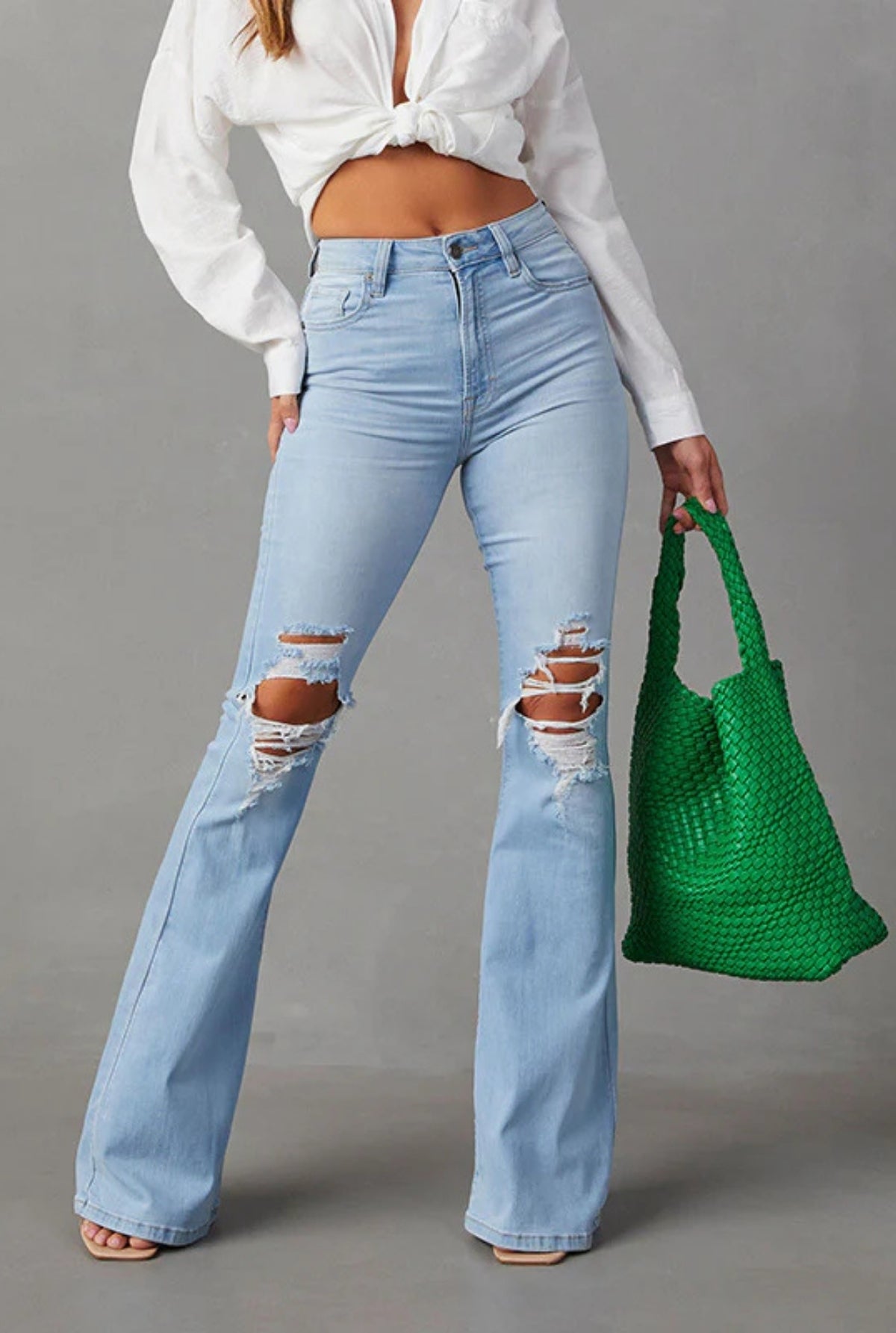 'Rayna' Long Flare Slim High Waist Hole Jeans